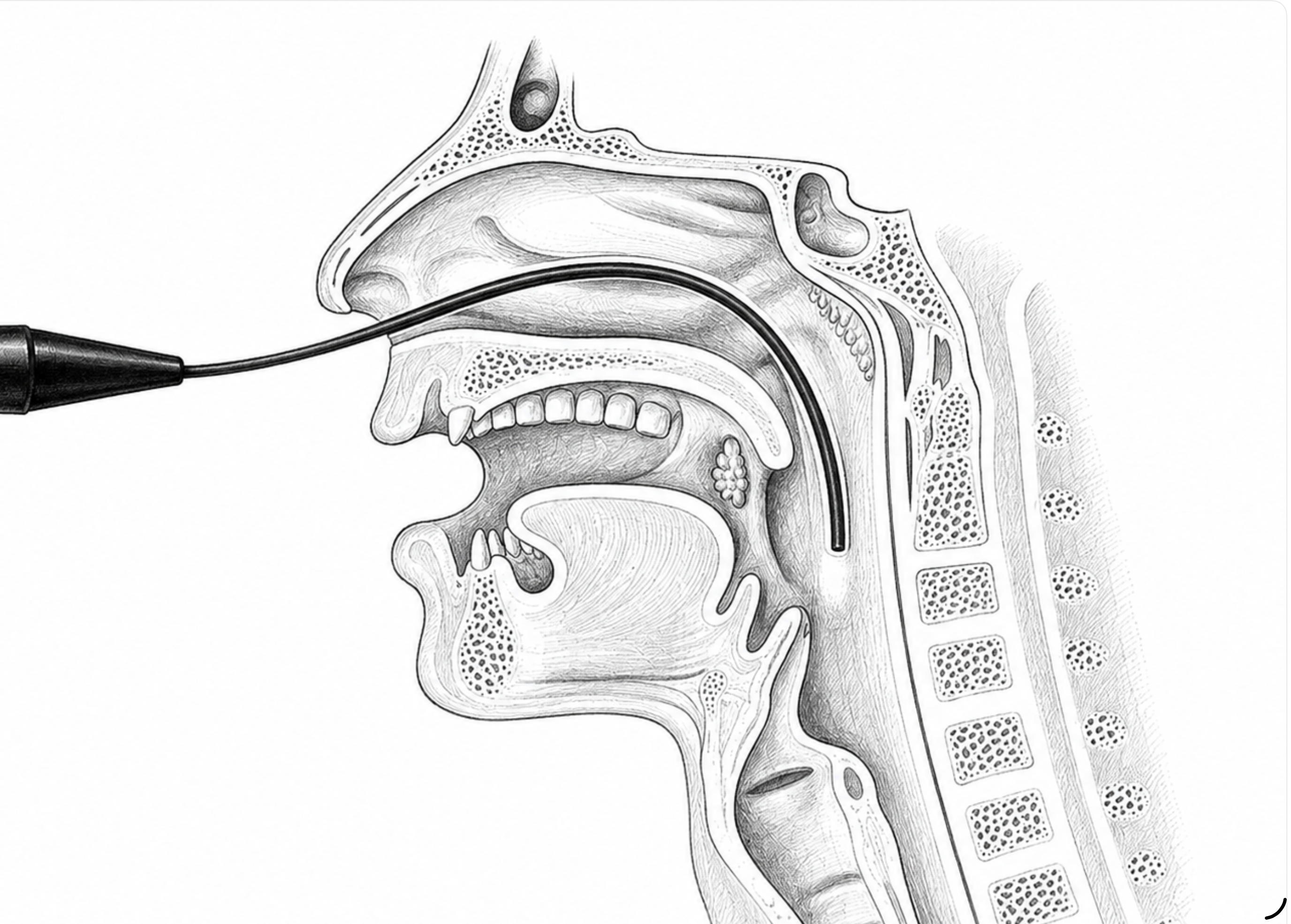 Schematischer Sagittalschnitt durch Nase, Mund- und Rachenraum mit transnasal eingef&uuml;hrtem flexiblem Endoskop