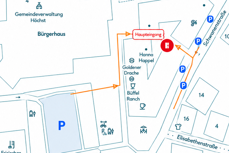 Lageplan von Höchst im Odenwald: Parkplätze vor dem Haus an der Schwanenstraße und der große Parkplatz hinter dem Haus, mit markiertem Weg zum Haupteingang der Praxis.